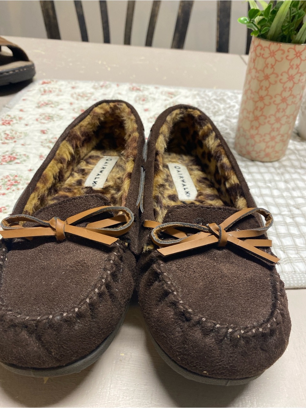 Airwalk Chocolate Brown Faux Suede Moccasin Slippers with Leopard Lining